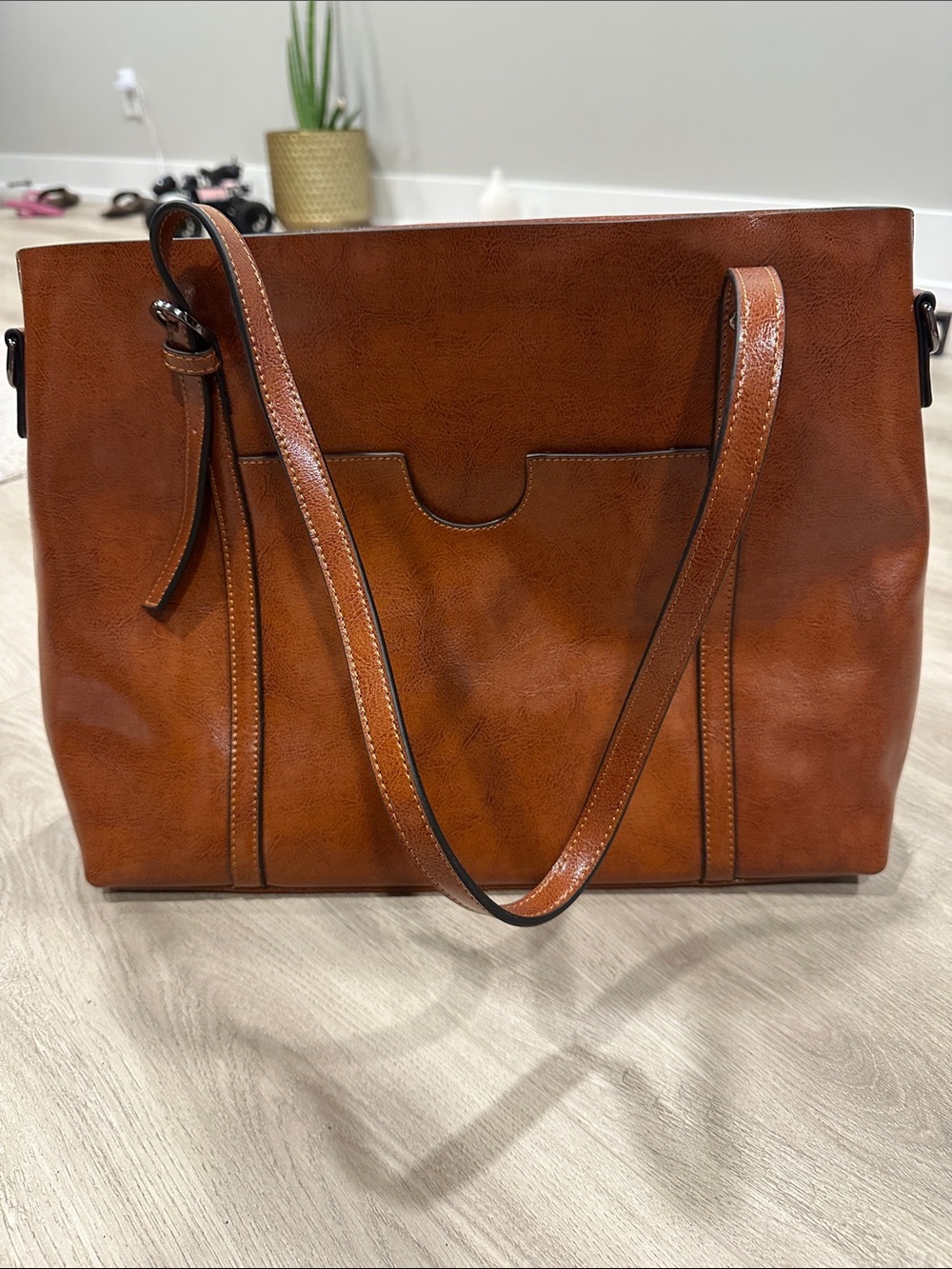 S-Zone Classic Leather Cognac Tote Shoulder Bag - Women